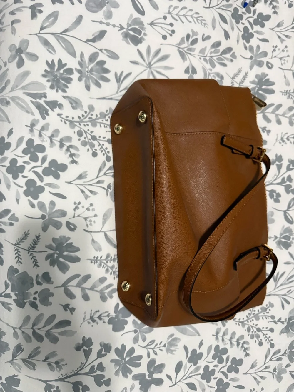 Michael Kors Chestnut Brown Leather Shoulder Tote with Gold Logo Charm